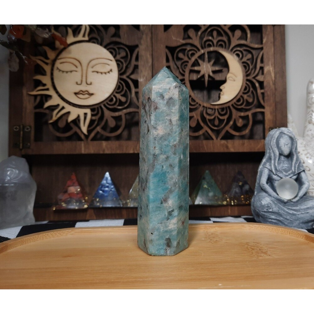 High Grade 3.75" Amazonite with Smoky Quartz Tower – 90g Polished Crystal Point
